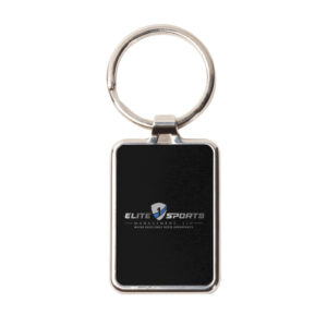Rectangular keychain with a black background and a small logo in the center.