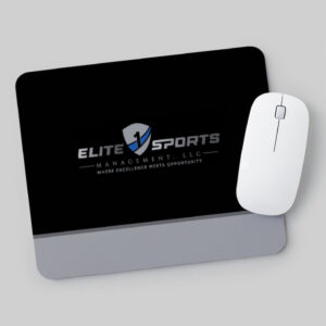 Black mouse pad with Elite Sports logo and white wireless mouse.