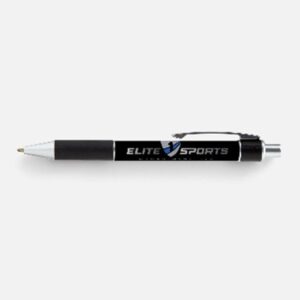Black retractable pen with 'Elite Sports' logo on white background.