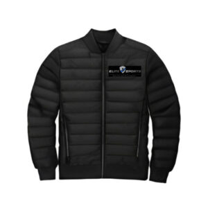 Black puffer jacket with a front zipper and a logo on the chest.