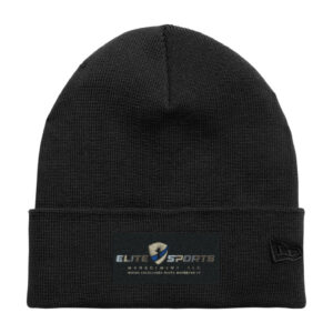 Black beanie hat with embroidered logo and text.