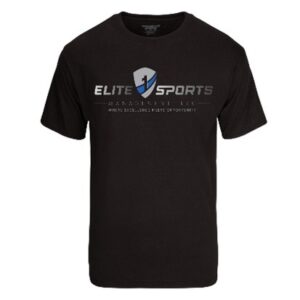 Black Elite Sports t-shirt with logo and text on front.