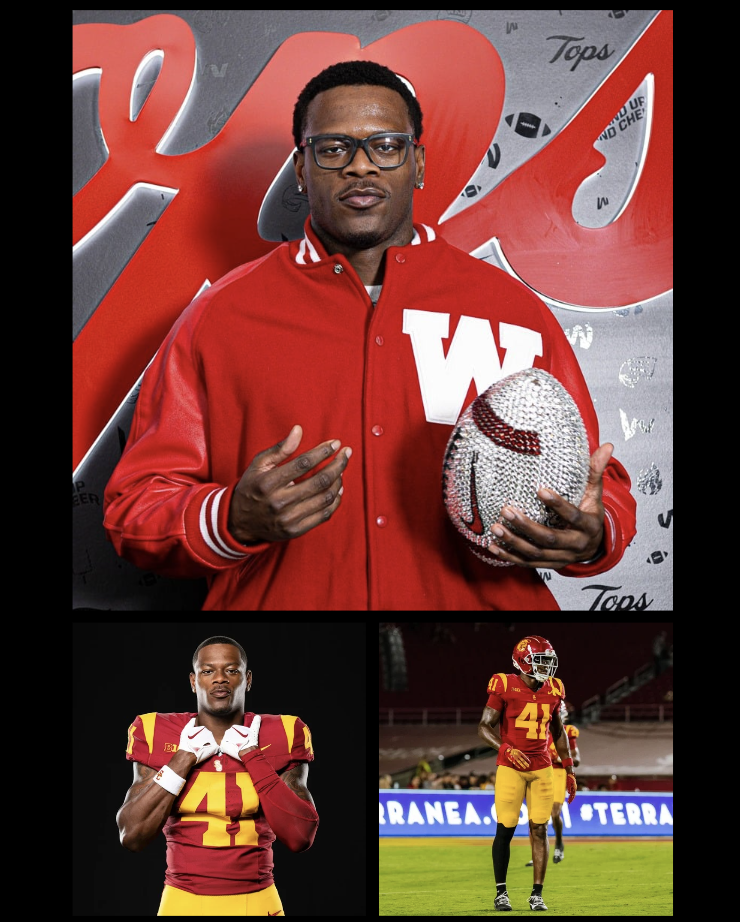 Three football players in red and yellow uniforms posing with helmets.