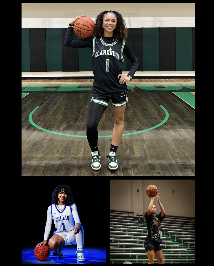 Three images of a young basketball player in action and posing.