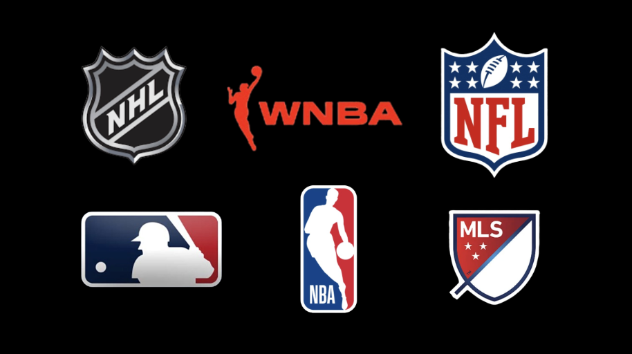 Logos of major American sports leagues including NHL, WNBA, NFL, MLB, NBA, and MLS.